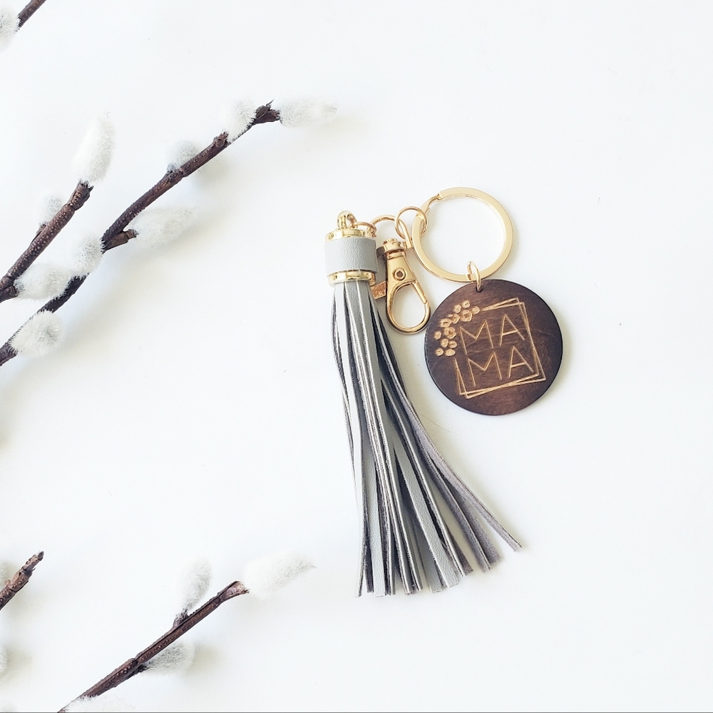 Gray Leather Tassel - Wooden MAMA Keychain